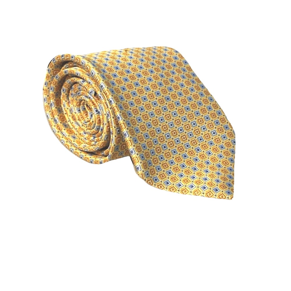 BROOKS BROTHERS Stain Resistant Men's Silk Necktie Designer Yellow Blue‎ Square - Picture 4 of 5